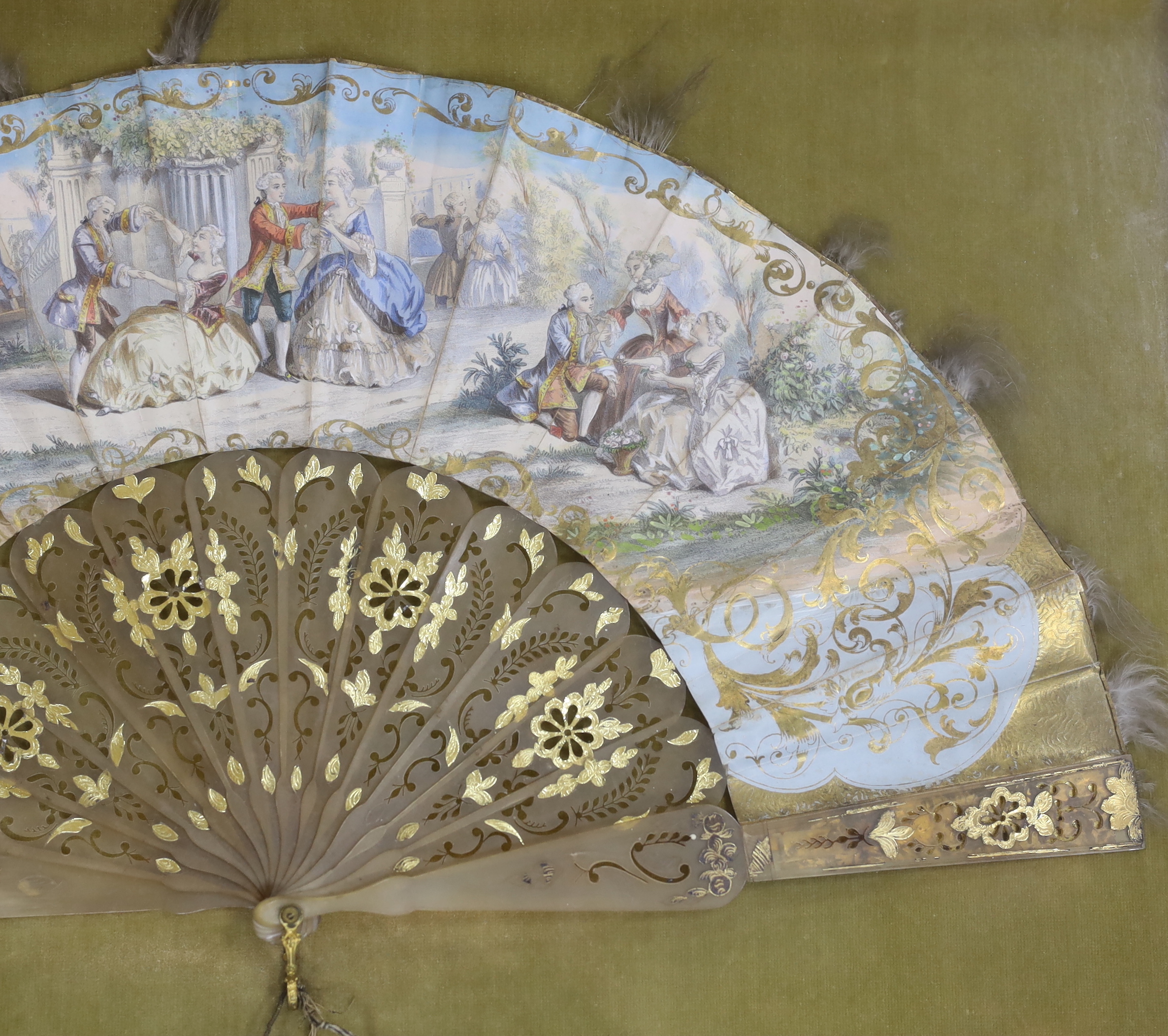 A 19th century fan, hand painted with figures wearing 18th century dress, framed, 57 x 37cm